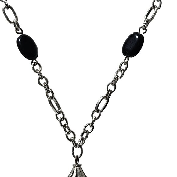 Elegant Black Tassel Pendant Statement Necklace Bead Accents Silver Tone Chain - Picture 3 of 6